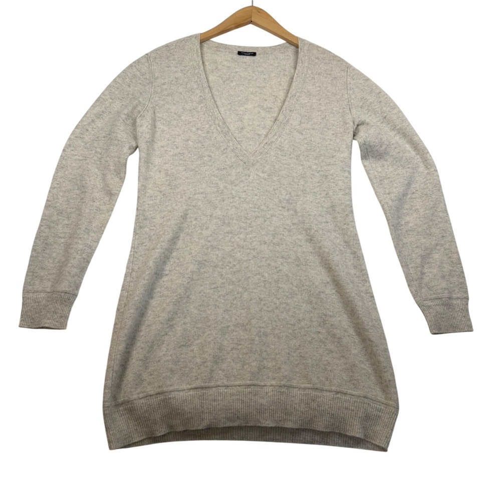 Magaschoni Womens 100% Cashmere V-Neck Longline Tunic Sweater Gray Heather